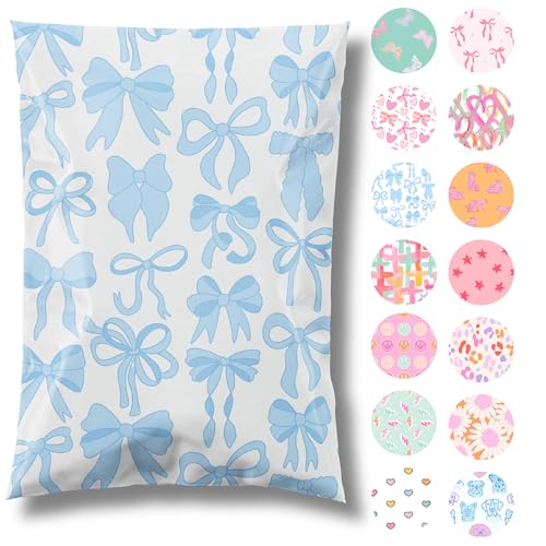 Pretty Package Store 6x9 Designer Poly Mailer 100 Pack Heavy Duty Waterproof Self Seal Shipping Bags for Small Business Large Mailing Envelopes Bulk Tear Resistant Packaging Blue Bows - Image 1