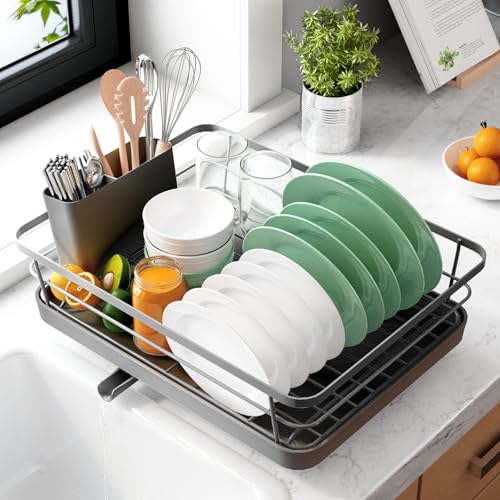 Kitsure Dish Drying Rack for Kitchen Counter, Stainless Steel Sink Organization and Storage Essentials with Cutlery Holder, Home and Appartment Decor, 12''W x 15.5''L, Grey - Image 1
