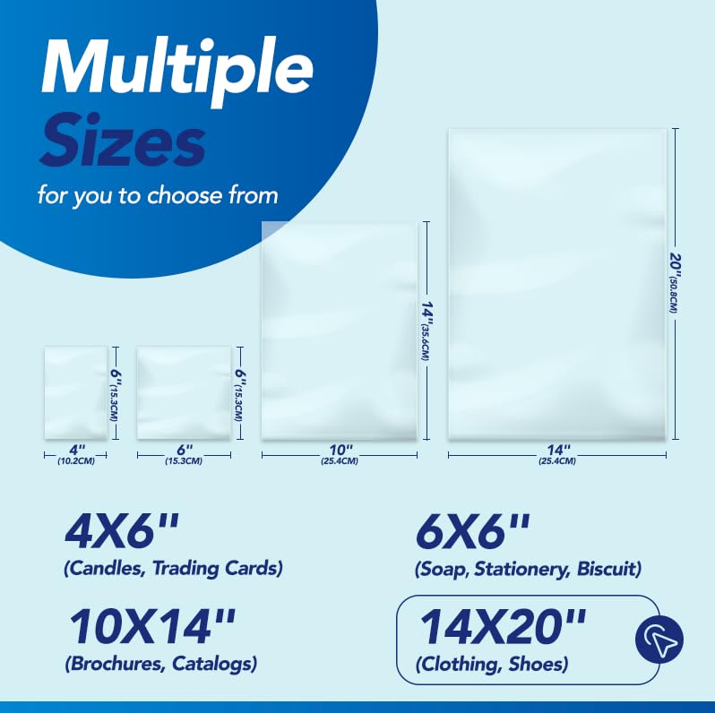 Metronic Shrink Wrap Bags 14x20 Inches 100Pcs, Clear PVC Heat Shrink Wrap Bags for Packagaing Gift Basket,Shoes,Jars and Homemade DIY Projects - Image 2