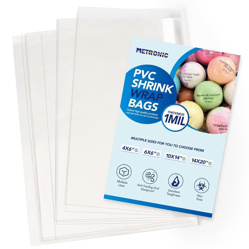 Metronic Shrink Wrap Bags 14x20 Inches 100Pcs, Clear PVC Heat Shrink Wrap Bags for Packagaing Gift Basket,Shoes,Jars and Homemade DIY Projects - Image 1