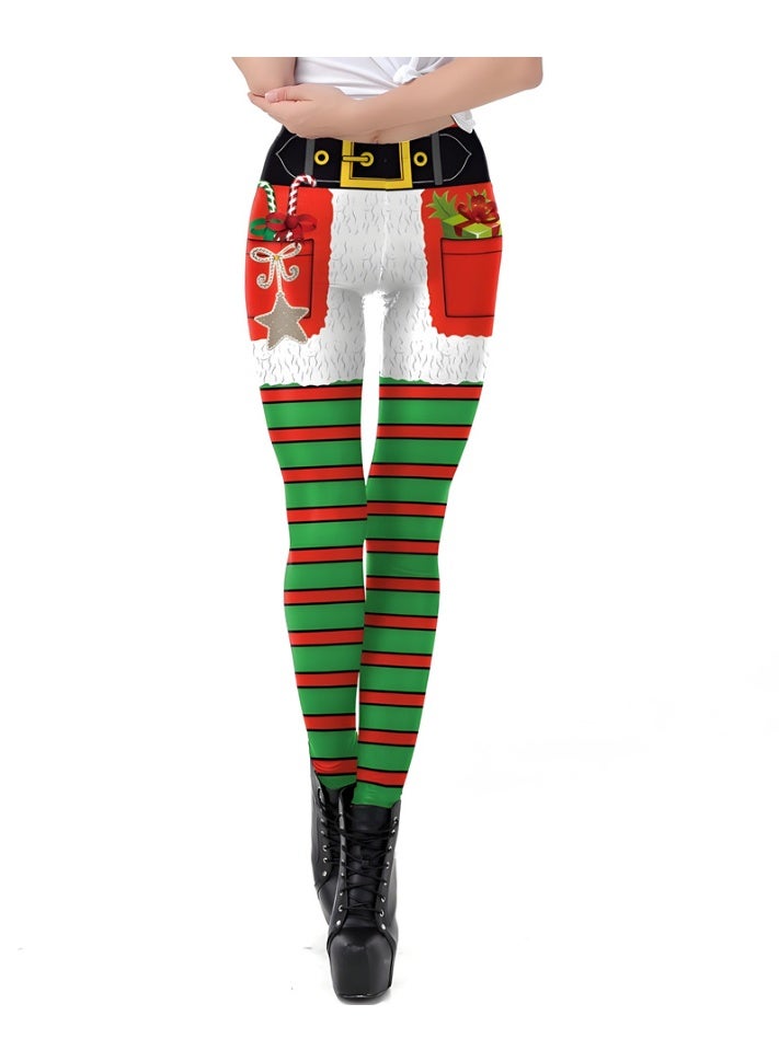 إسكدنيا النساء مطبوعة عيد الميلاد ملابس عالية الخصر عيد الميلاد ضيق العطلة بنطلون رقيقة - Image 1