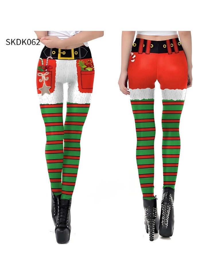 إسكدنيا النساء مطبوعة عيد الميلاد ملابس عالية الخصر عيد الميلاد ضيق العطلة بنطلون رقيقة - Image 2