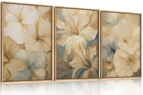 KAIRNE Neutral Magnolia Floral Framed Canvas Wall Art Set, Modern Beige Flower Wall Decor,Aesthetic Wildflower Art Prints,Boho Botanical Artwork for Living Room,Bedroom,Farmhouse,Office-16 x24 x3 - Image 1