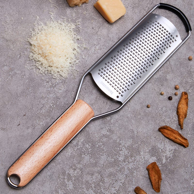 Tomorotec Stainless Steel Cheese Grater with Natural Wood Handle for Parmesan Cheese Lemon Ginger Cheese Nutmeg Potato Chocolate and Garlic Small