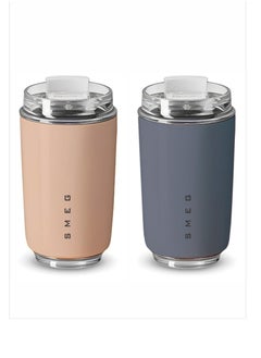 smeg Travel Mug, Insulated Coffee Tumbler, Leak Proof Stainless Steel Thermal Reusable Coffee Cup, Lightweight And Portable Drink Container For Office Traveling, (Pack Of 2pcs, 320ML, Pink And Grey)  - Image 1