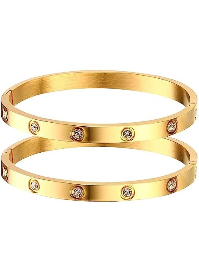 Arabest Gold Bracelets for Women, 2Pcs 18K Gold Plated Cubic Zirconia Bangle Crystal Friendship Bracelet Jewelry,Wedding Party  Birthday Gifts for Her Girlfriend Sister Daughter - Image 1