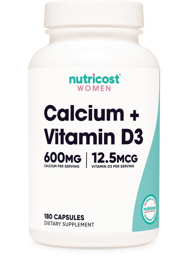 Nutricost كالسيوم (600 ملغ) + فيتامين د3 (12.5 ميكروغرام) للنساء، 180 كبسولة - نباتي، غير معدّل وراثيًا، خالي من الغلوتين - 60 حصة - Image 1
