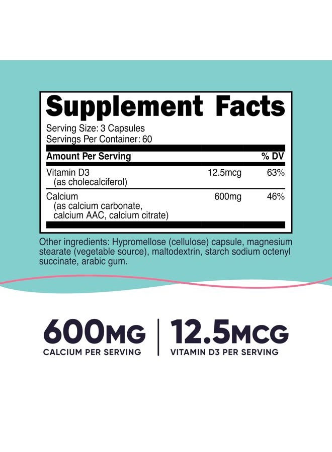 Nutricost كالسيوم (600 ملغ) + فيتامين د3 (12.5 ميكروغرام) للنساء، 180 كبسولة - نباتي، غير معدّل وراثيًا، خالي من الغلوتين - 60 حصة - Image 2