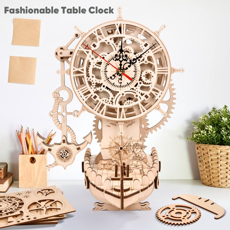 varbertos 3D Wooden Puzzle Mechanical Clock â€“ Pirate Ship DIY Model Kit for Adults & Teens, Build-Your-Own Wood Craft, Working Clock, Unique Gift & Nautical Home Decor - Image 3