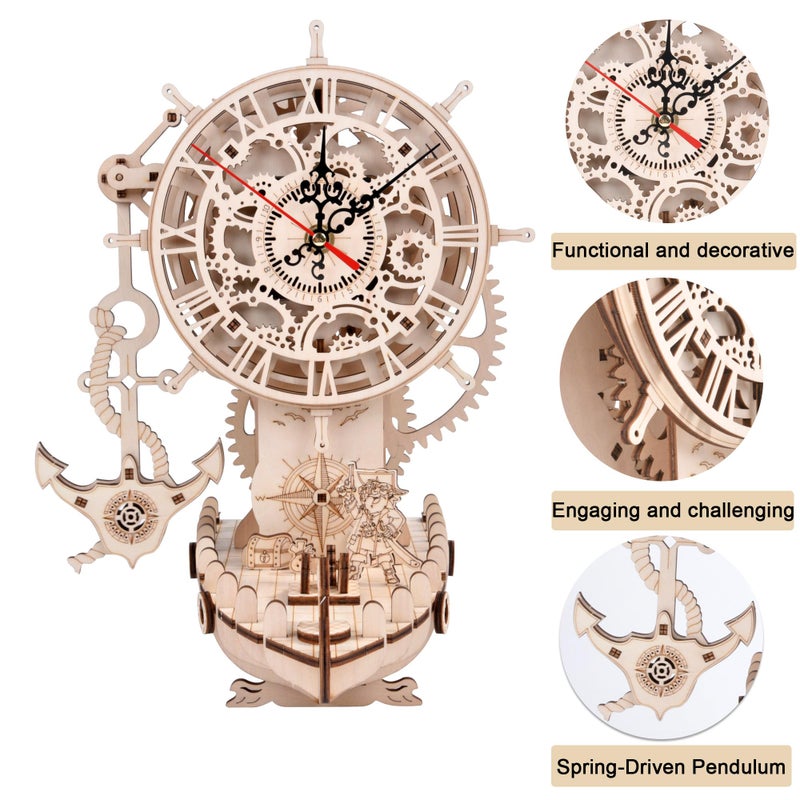 varbertos 3D Wooden Puzzle Mechanical Clock â€“ Pirate Ship DIY Model Kit for Adults & Teens, Build-Your-Own Wood Craft, Working Clock, Unique Gift & Nautical Home Decor - Image 4