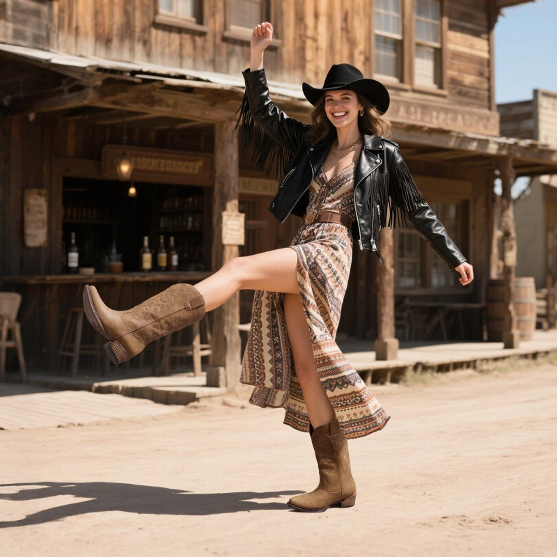 Choiran Tan Cowboy Boots for Women - Embroidered Cowgirl Boots Western Mid Calf Chunky Heel Pointed Toe Country Boot 7 - Image 3