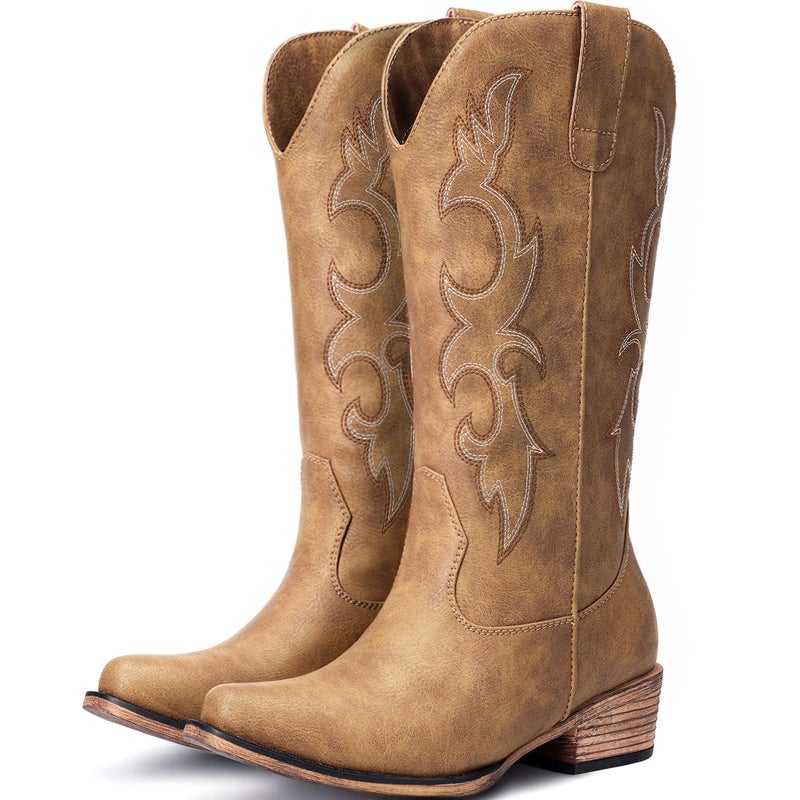 Choiran Tan Cowboy Boots for Women - Embroidered Cowgirl Boots Western Mid Calf Chunky Heel Pointed Toe Country Boot 7 - Image 1