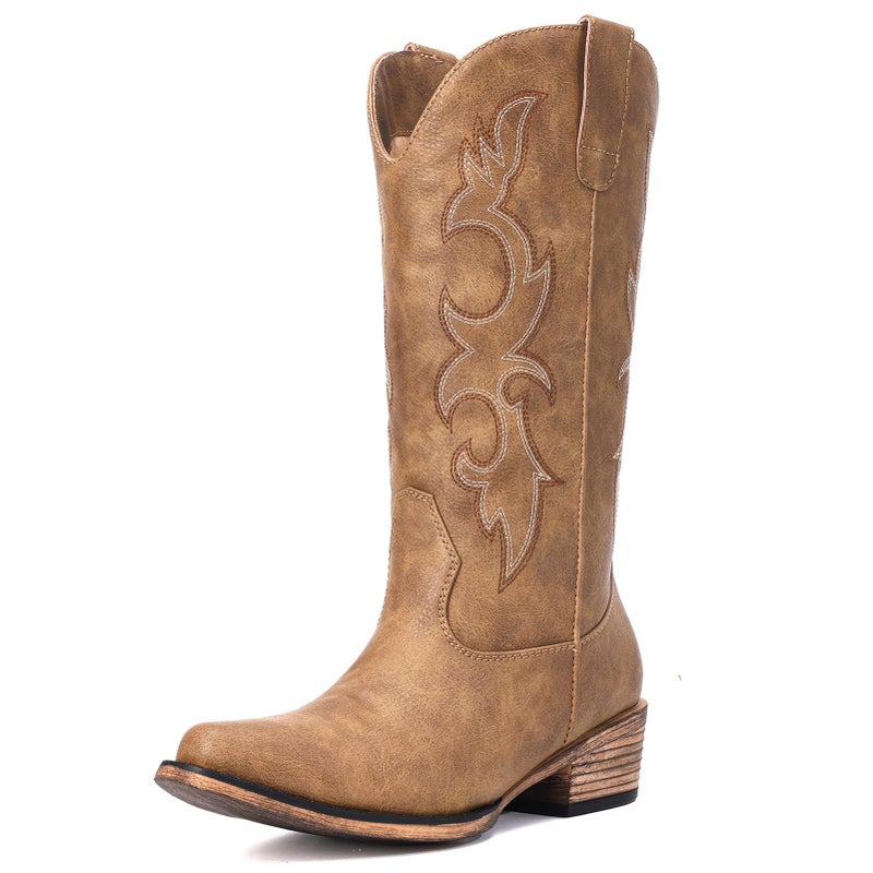 Choiran Tan Cowboy Boots for Women - Embroidered Cowgirl Boots Western Mid Calf Chunky Heel Pointed Toe Country Boot 7 - Image 4