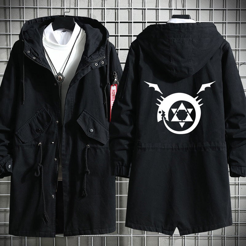 Steel Alchemist Steel Artificial Man Symbol Mens and Womens Fashion Long Fleece-lined Autumn and Winter Coat Trench Steel C windbreaker 