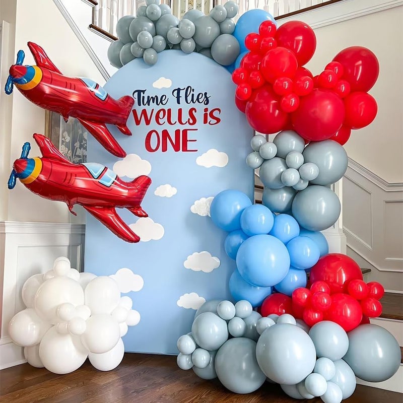 GIHOO Airplane Birthday Party Decorations 141pcs Airplane Balloon Garland Arch Kit Dusty Blue and Red with Airplane Mylar Balloon for Time Flies Theme Birthday Baby Shower Party Supplies - Image 2