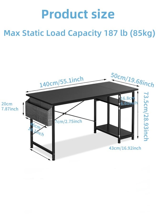 SHEIDLIN مكتب كمبيوتر قابل للتعديل مع أرفف قابلة للعكس وجيوب تخزين، مكتب كمبيوتر مريح للمكتب المنزلي والألعاب والدراسة، تصميم موفر للمساحة، أسود - Image 2