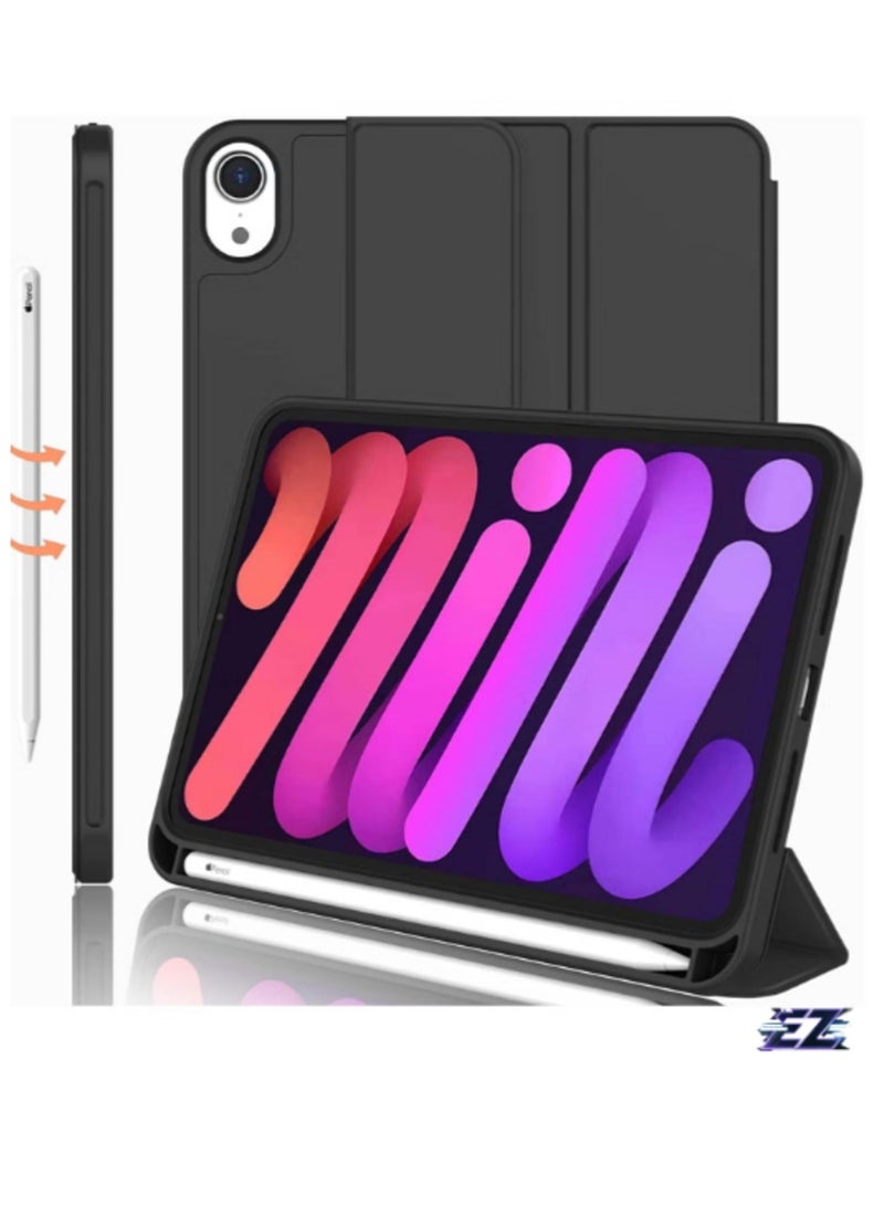 ELTRAZONE iPad Mini 7 Case 2024 – A17 Pro 8.3-Inch 7th Generation Case with Pencil Holder, Trifold Stand, and Soft TPU Back, Black - Image 1