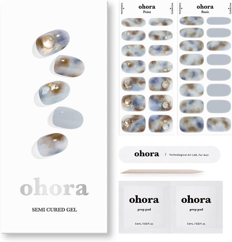 شرائط أظافر جل شبه معالجة من أوهرا - أزرق بني نهاري 330 قطعة 2 دورات متوافقة مع مصباح UV جودة صالون طويلة الأمد سهلة التطبيق تشمل 2 وسادة تحضير ومبرد أظافر
