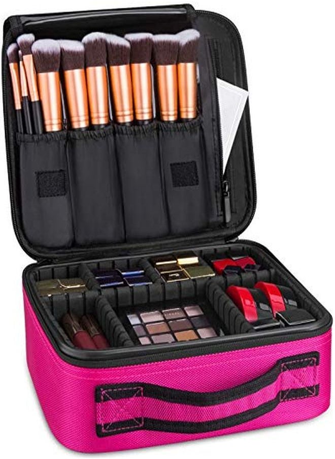 INOVERA (LABEL) - Nylon Professional Cosmetic Makeup Kit Storage Organizer Travel Toiletry Vanity Bag With Adjustable Compartment, 26L X 23B X 9H Cm (Pink) - Image 1