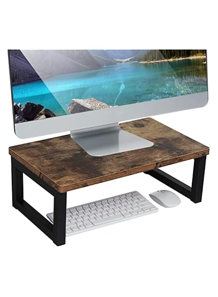 PROMASS Wood Vintage Monitor Stand Holder, PC Laptop Computer Screen Riser, Desktop Storage Organiser Shelf for Home or Office, 40 x 23 x 14cm, Dark Brown - Image 1