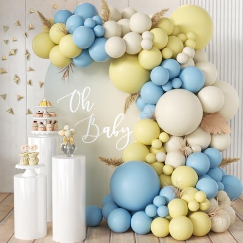 MEBAY Blue Yellow White Balloon Garland Arch Kit 155Pcs Latex Balloons Different Size 18 12 10 5 inch for Birthday Baby Shower Wedding Anniversary Party - Image 1