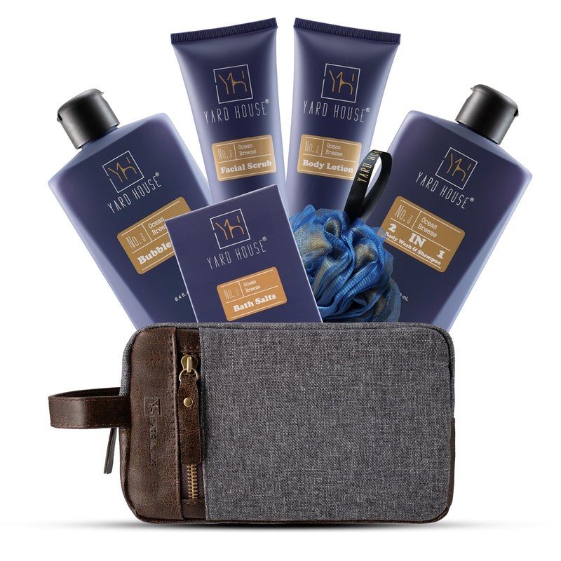 YARD HOUSE All Natural Bath and Body Spa Gift Basket Set for Men  Ocean Breeze  Luxury Mens Skin Care Kit For Him in Toiletry Bag for Relaxation Revitalization Exfoliating Cleansing