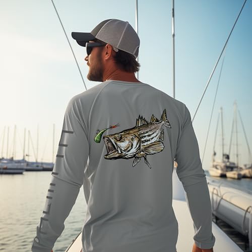 Palmyth Fishing Shirts for Men Long Sleeve UPF 50+ T Shirt Sun Protection Tee (Gray/Striped Bass, L - Image 3