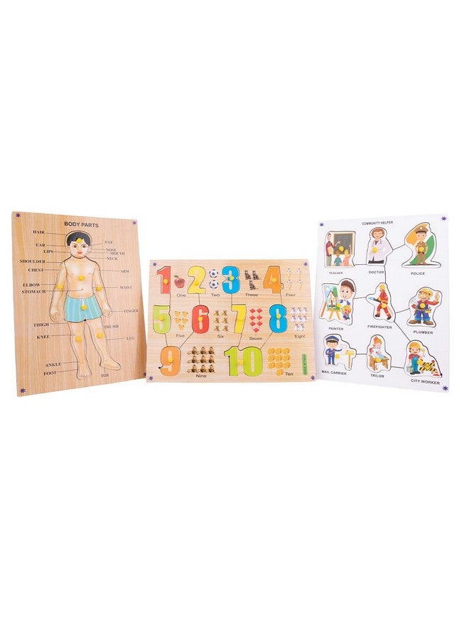 بومتوم ألعاب ألغاز خشبية من "بومتوم" لأجزاء الجسم، أرقام (١-١٠) ومساعد مجتمعي مع مقبض | ألعاب تعليمية للأطفال من سن ٣ سنوات فما فوق (مجموعة من ٣ قطع، متعددة الألوان) - Image 1