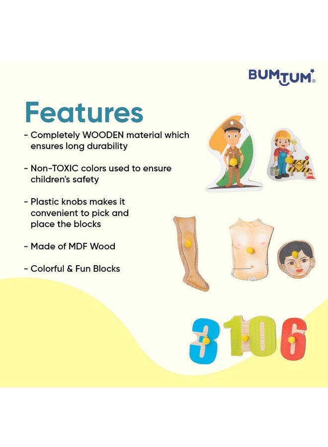 بومتوم ألعاب ألغاز خشبية من "بومتوم" لأجزاء الجسم، أرقام (١-١٠) ومساعد مجتمعي مع مقبض | ألعاب تعليمية للأطفال من سن ٣ سنوات فما فوق (مجموعة من ٣ قطع، متعددة الألوان) - Image 4