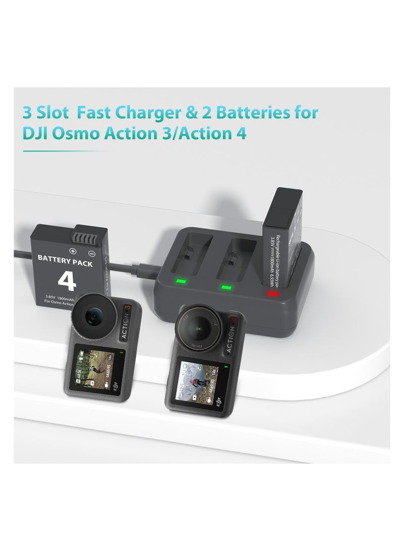 SOLARAE حزمة شاحن بطارية، متوافقة مع OSMO Action 3/4، 2-Pack1800mAh بطاريات كاميرا Osmo Action 4، مجموعة شاحن USB ثلاثية القنوات، لكاميرا OSMO Action 3، شاحن محمول - Image 4