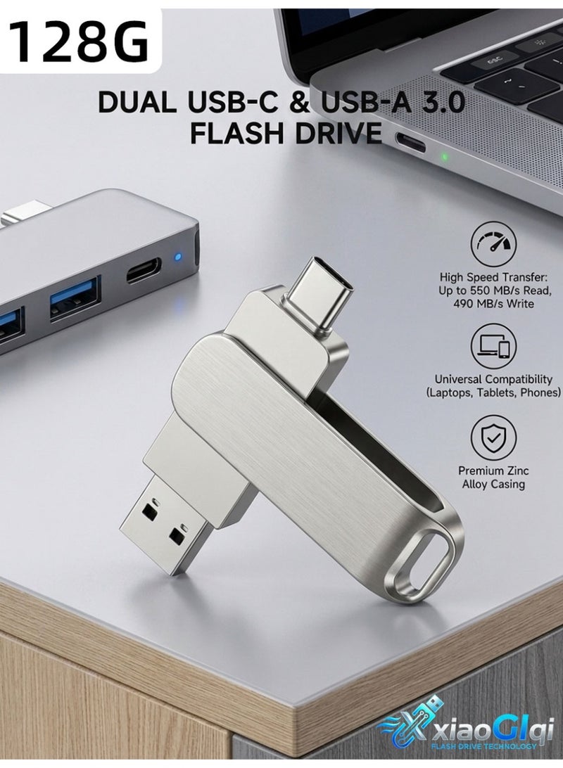 XiaoGiqi 128GB Dual Interface Rotatable Metal USB Flash Drive, 2 in 1 USB-A & Type-C OTG Memory Stick, High Speed Pen Drive for Android Type-C Phones, Laptops, PC & Tablet, Portable File Storage U Disk - Image 1