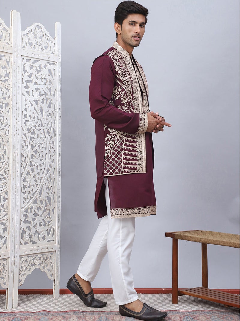 NOZ2TOZ Embroidered Maroon Waistcoat and Kurta for Men - Image 2