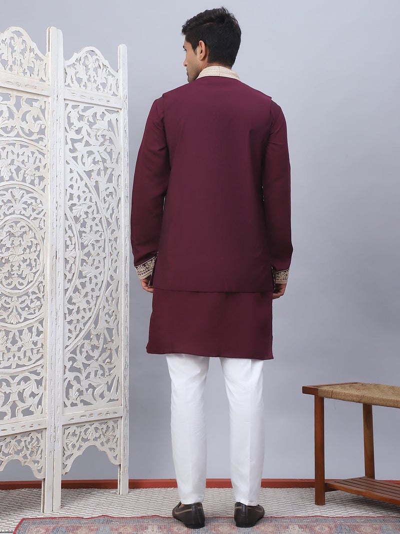 NOZ2TOZ Embroidered Maroon Waistcoat and Kurta for Men - Image 3
