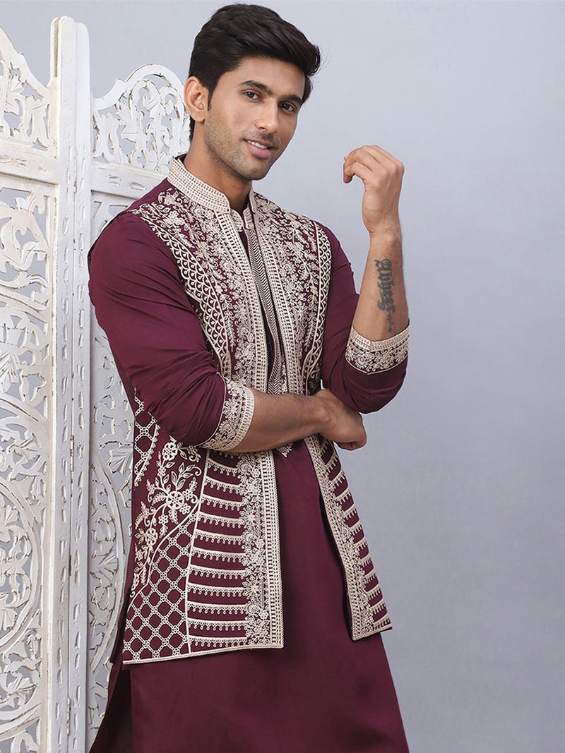 NOZ2TOZ Embroidered Maroon Waistcoat and Kurta for Men - Image 1