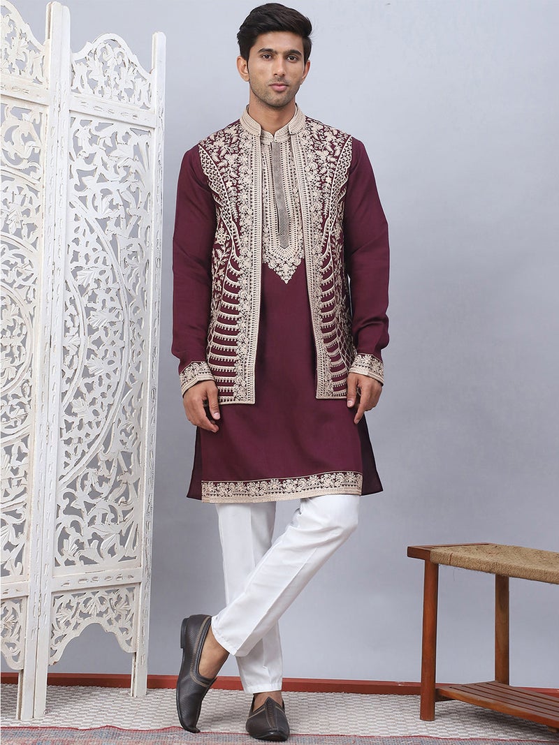 NOZ2TOZ Embroidered Maroon Waistcoat and Kurta for Men - Image 5
