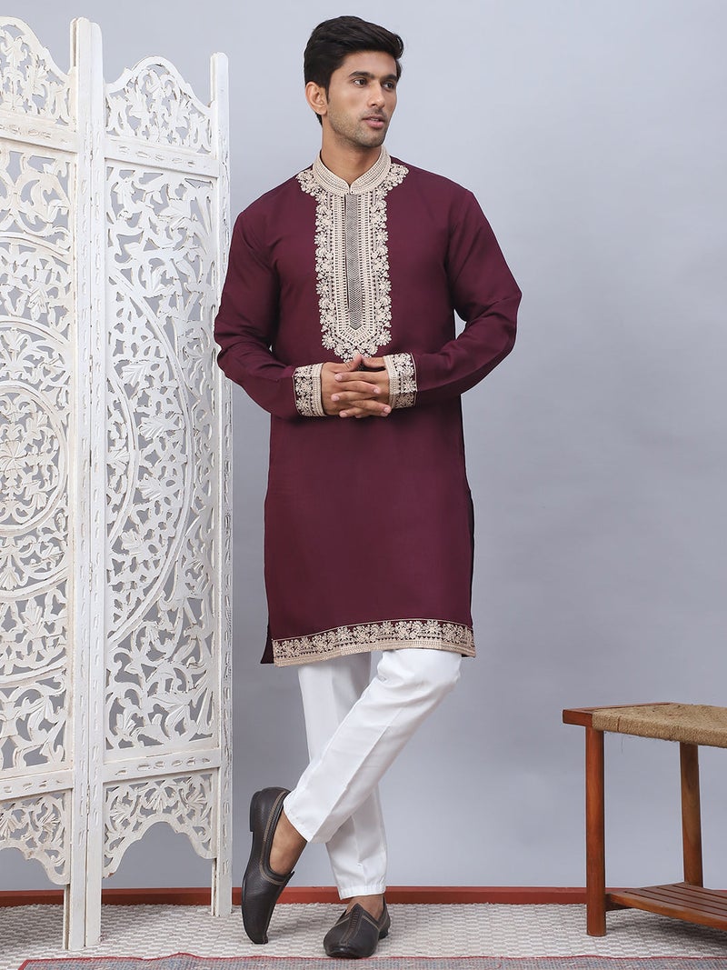 NOZ2TOZ Embroidered Maroon Waistcoat and Kurta for Men - Image 4