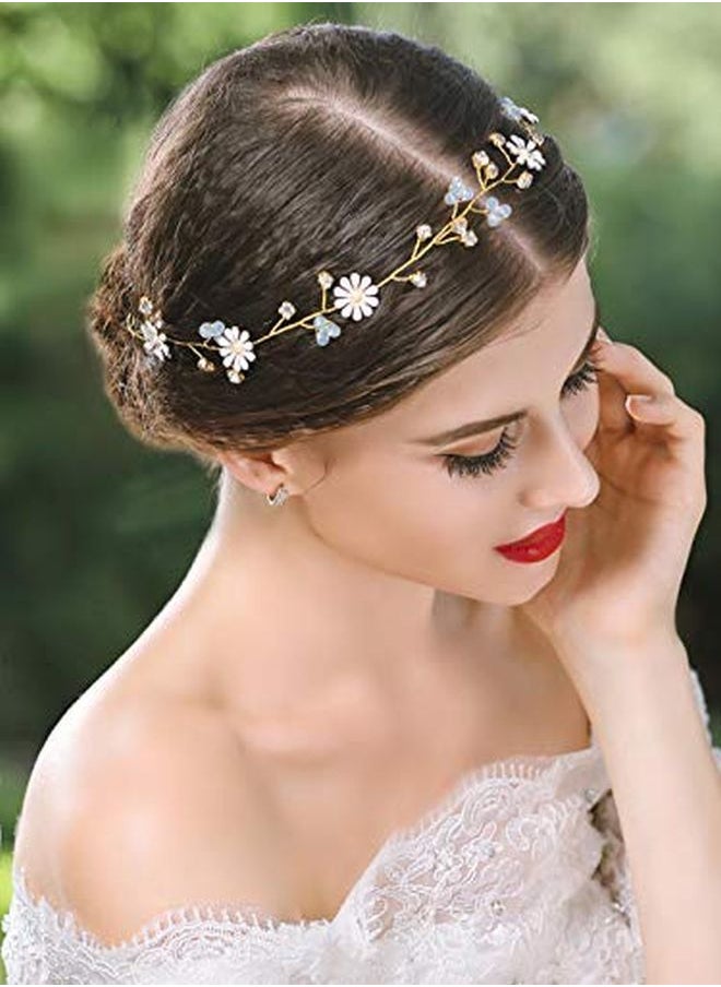 Unicra تاج زهور العروس لحفل الزفاف من الذهب مع أقحوان ومجوهرات كريستالية لمستلزمات الشعر للنساء والفتيات  - Image 5