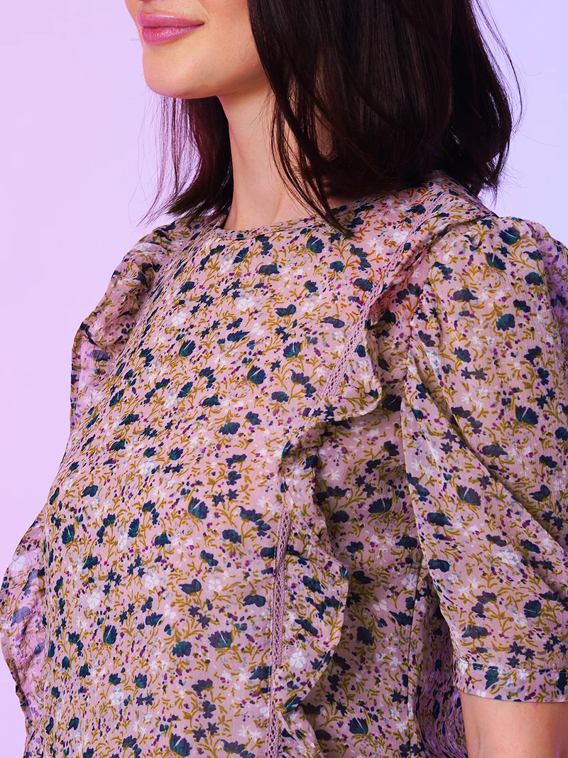 globus Globus Women Floral Print Puff Sleeves Ruffle Detail Semi Sheer Top