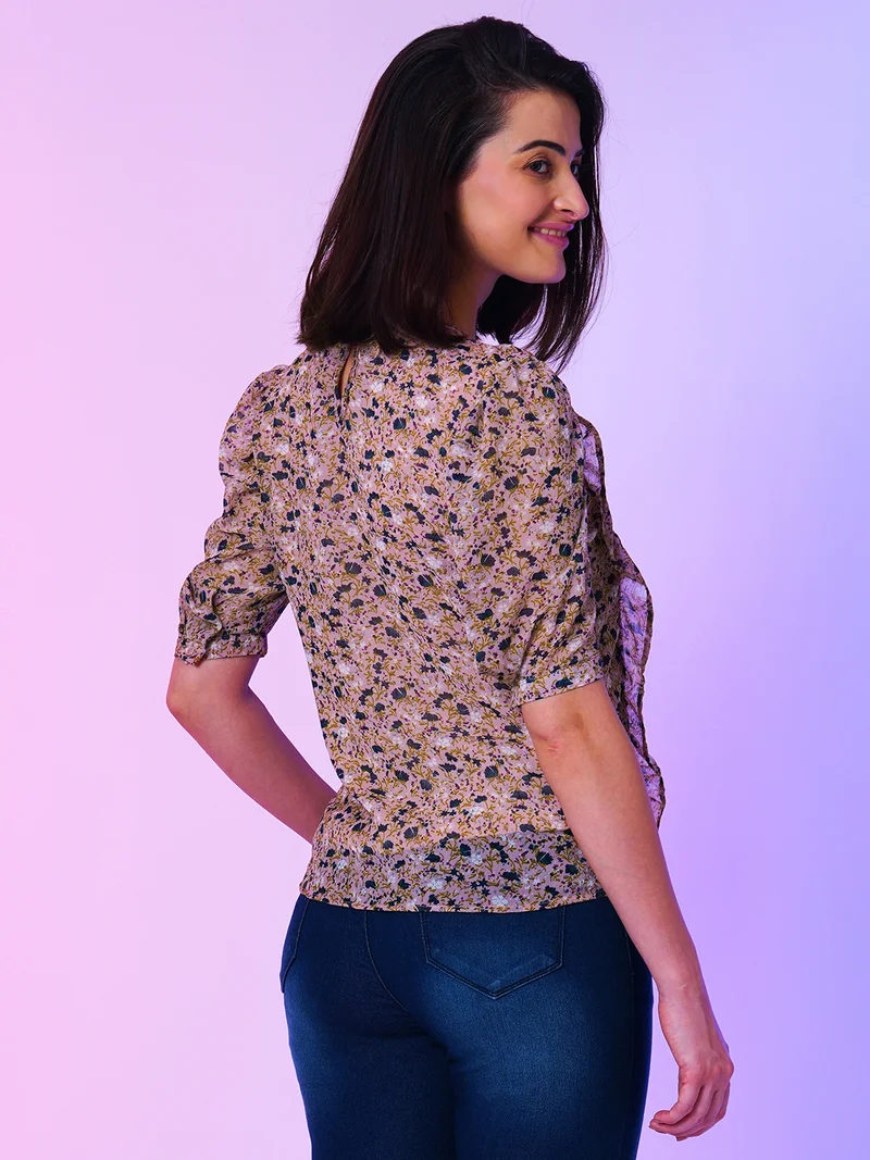 globus Globus Women Floral Print Puff Sleeves Ruffle Detail Semi Sheer Top
