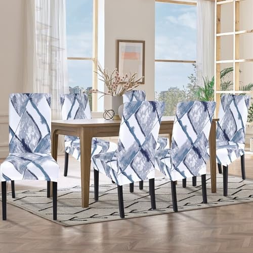 SearchI Printed Dining Room Chair Covers Set of 4 Stretch Kitchen Chair Covers Washable Parsons Chair Slipcover Removable Dining Chair Protectors for HotelCeremonyBlueWhite - Image 3