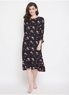 Clovia Pretty Florals Mid Length Nightdress In Black - Cotton Rich