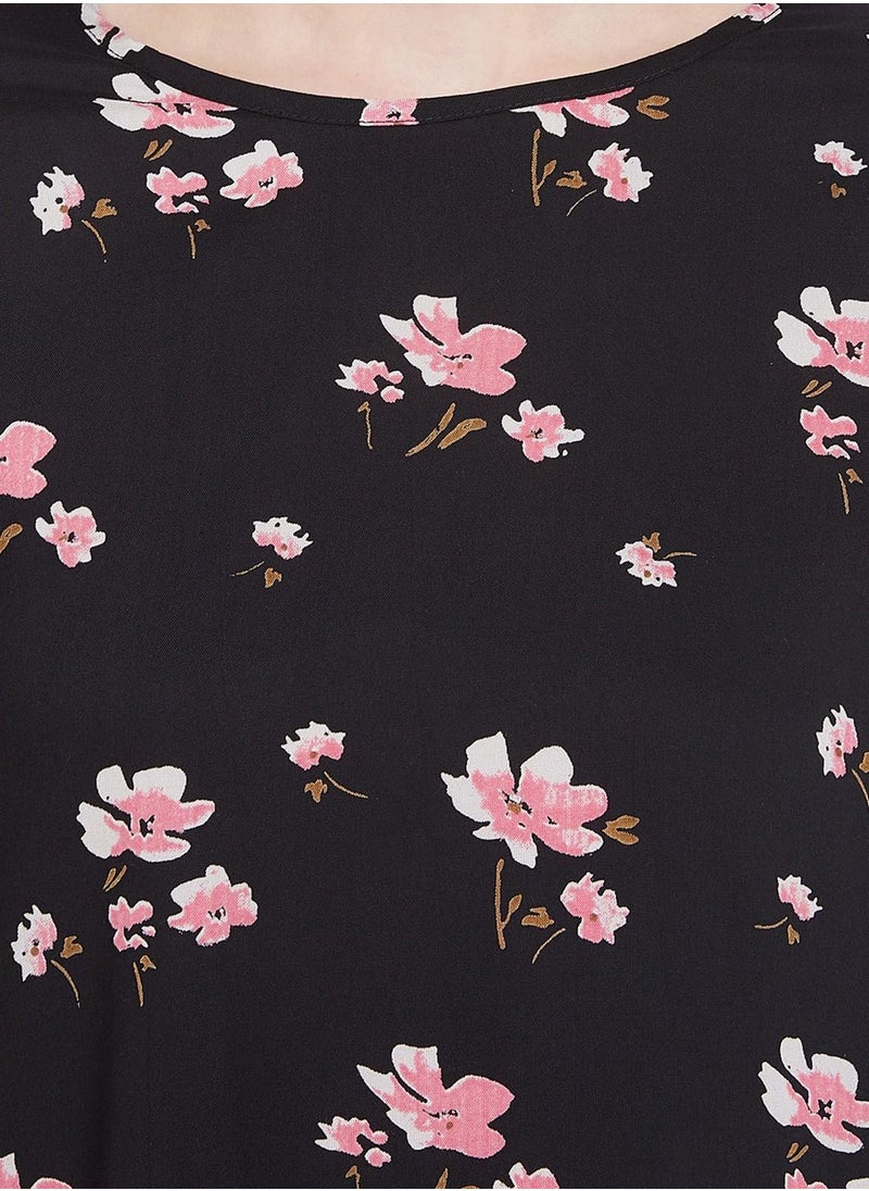 Clovia - Clovia Pretty Florals Mid Length Nightdress In Black - Cotton Rich - Image 1