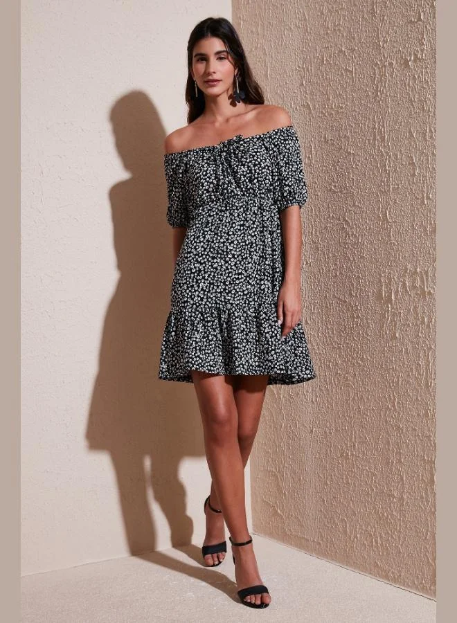 Lela Lela Patterned Slim Fit Carmen Neckline Mini Dress Women's Dress 5865620