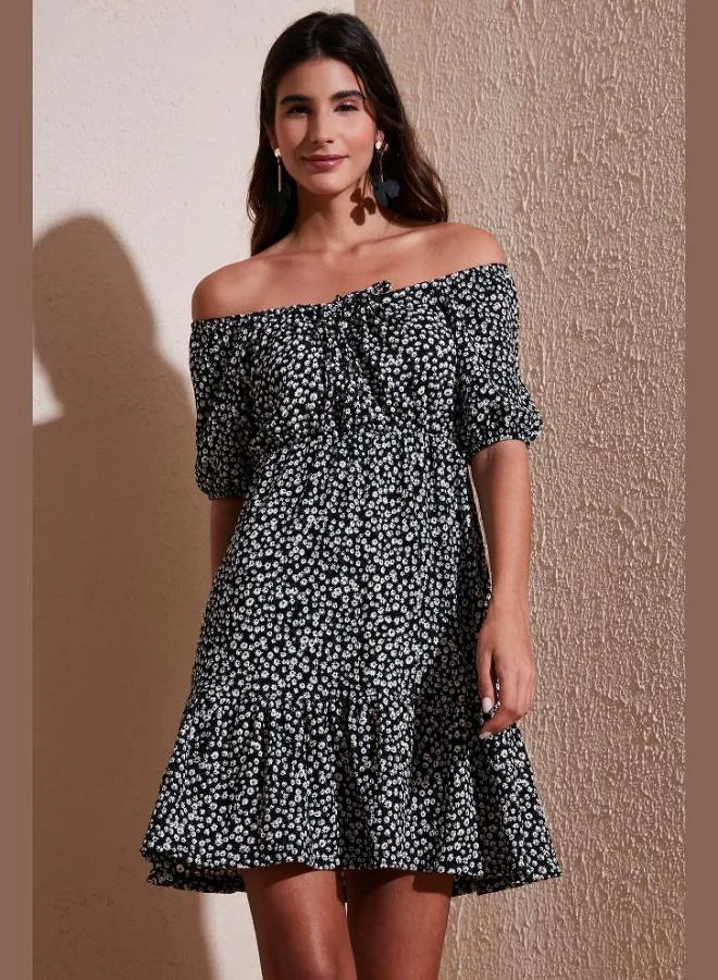 Lela Lela Patterned Slim Fit Carmen Neckline Mini Dress Women's Dress 5865620