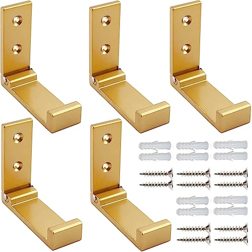 ZEYU Folding Coat Hooks, 5Pcs Wall Hooks for Hanging Coat Towel Hooks Hardware Heavy Duty Aluminum Alloy Headphone Holder Hooks No Rust Wall Mounted with Screws for Hat Bags Fitness Equipment Golden - Image 1