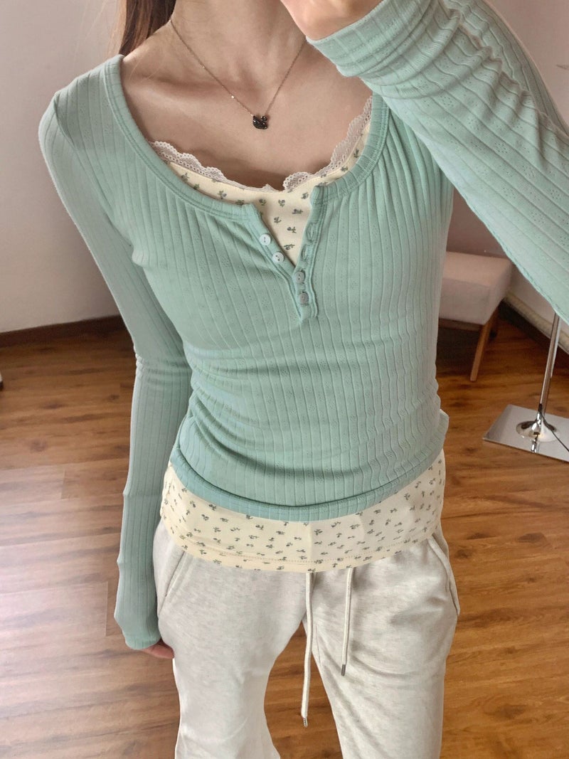Pure Desire Style Lace Low Neck T-Shirt Women'S Early Spring Fake Two-Piece Bm Floral Base Shirt With Short Top - Image 1