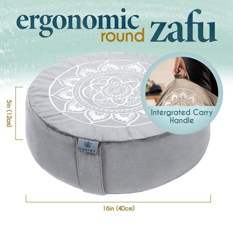 Florensi Yoga Meditation Cushion - Large, Sage Green, Velvet, Firm Buckwheat Hull Support for Floor Seating, Ergonomic Round Meditation Pillow for Sitting, Portable Handle for Flexible Seating - Image 2