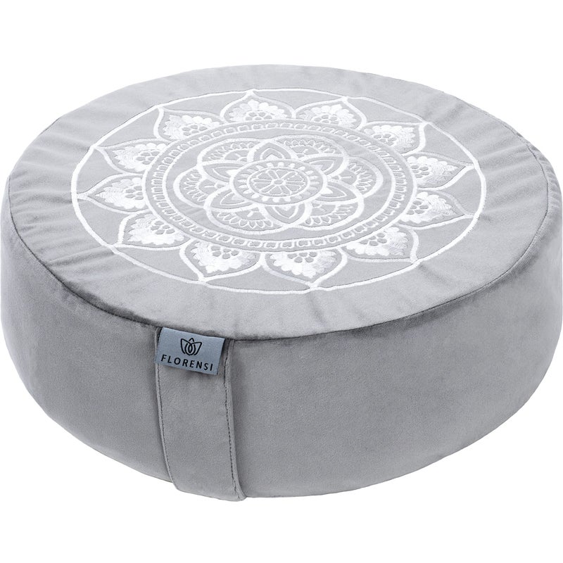 Florensi Yoga Meditation Cushion - Large, Sage Green, Velvet, Firm Buckwheat Hull Support for Floor Seating, Ergonomic Round Meditation Pillow for Sitting, Portable Handle for Flexible Seating - Image 1