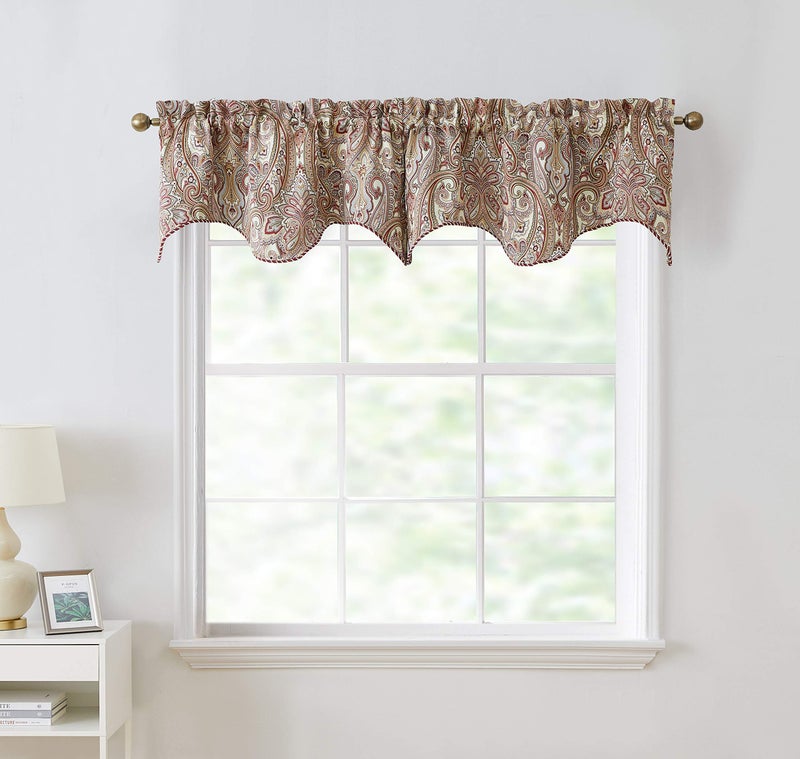 HLC.ME Paris Paisley Thermal Insulated Blackout Decorative Rod Pocket Short Scalloped Curtain Valance for Kitchen, Bathroom, Basement and Small Windows (50 W x 20 L Inch, Spice Red) - Image 2