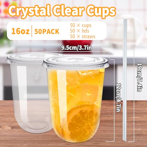 Alaeseje 50 Pack Clear Plastic Cups with Lids and Straws,16 oz Disposable Iced Coffee Cups,PET Crystal Cups,Round Bottom To Go Cup for Iced Coffee Juice Smoothie Cold Beverage - Image 2